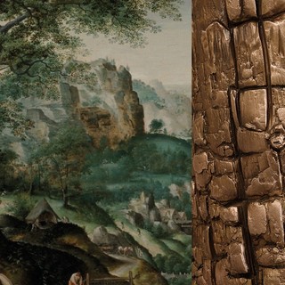 Détail, Martin Van Valckenborch (Louvain, 1535 – Frankfurt, 1612), &quot;Extensive Landscape with a River on the Valley&quot;, De Jonckheere Gallery / Détail, Philippe Pastor (Monaco, 1961-), &quot;Les Arbres Brûlés&quot;, bronze, 2018