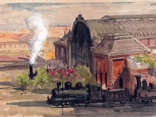 Tableau- La gare du PLM (Nice centre SNCF) en 1919. Alexis Mossa. Aquarelle. Musée Masséna