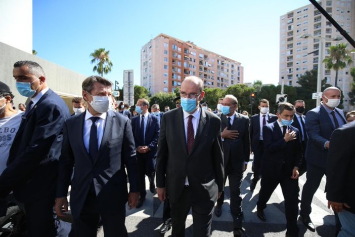 Immagini della visita a Nizza del Primo Ministro Jean Castex accompagnato dal Sindaco Christian Estrosi, dal Ministro dell'Interno e da quello di Giustizia