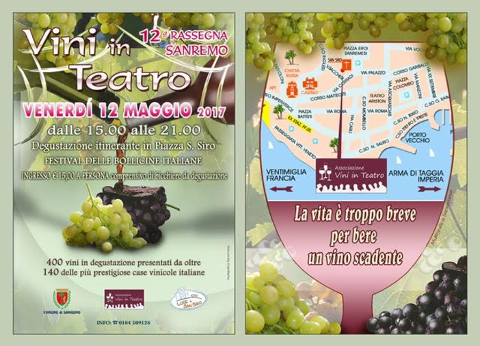 Venerdì 12 maggio torna a Sanremo &quot;Vini in Teatro&quot;, un percorso di degustazione  itinerante in piazza San Siro